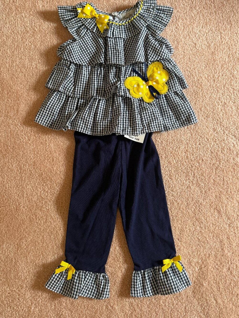Rare Editions 2-pc top/pants NWT Size 24 month Blue/white gingham yellow accents
